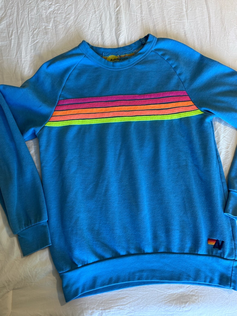 Aviator Nation Blue Crewneck Sweatshirt with Neon Stripe Detail